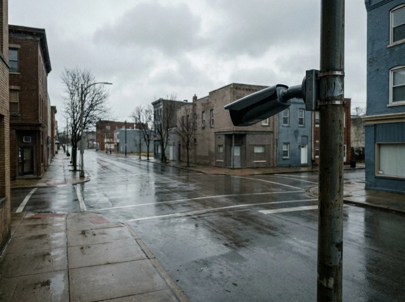 A surveillance camera mounted on a pole above a wet, empty city intersection.