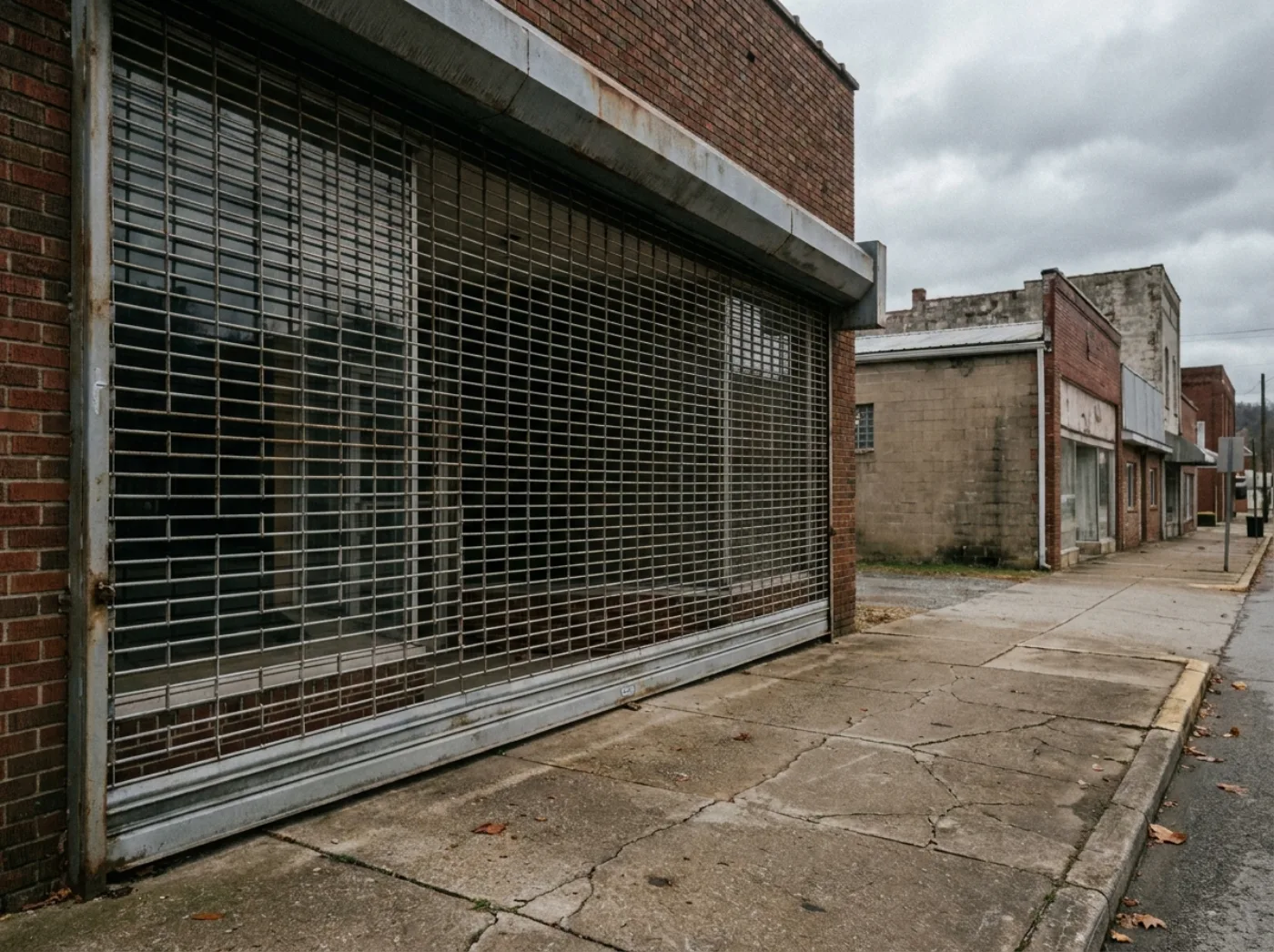 A shuttered small-town storefront with a closed metal grille on an empty main street.