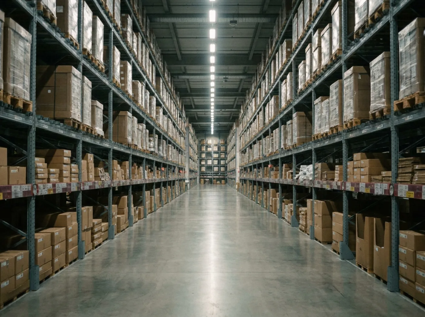 The interior of a vast fulfillment warehouse, long rows of shelving receding to a vanishing point.